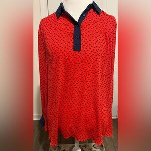 Free People Women's Sz Medium Top Blouse Red Blue Horse Equestrian Theme Boho